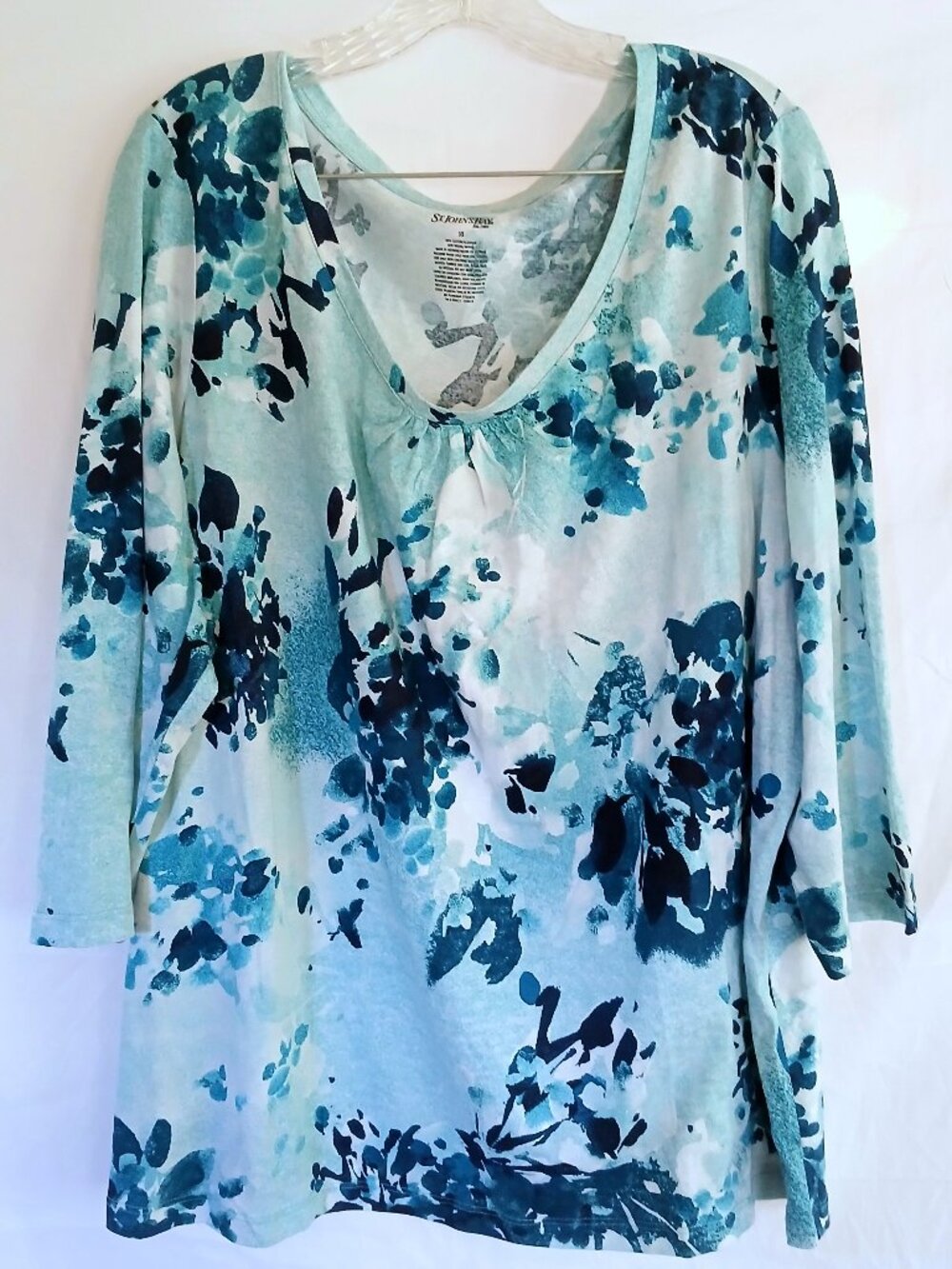 St. John’s Bay Teal Watercolor Floral Top Shirt Plus 3X Boho Cottagecore Casual